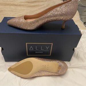 Ally shoes. Size 8 (38.5) New. Rose Gold glitter. Dust bags, 2” kitten heels.